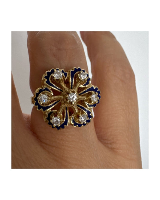 14K gold ring set with Diamonds & Blue Enamel