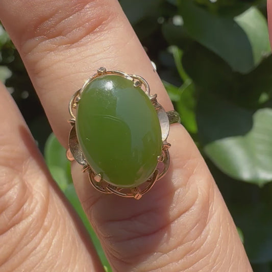 14K gold ring set with green Jade