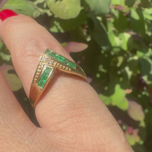 14K gold ring set with Emeralds & Diamonds