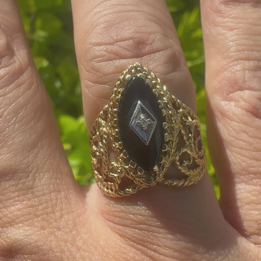 14K gold ring set with Onyx & Diamond