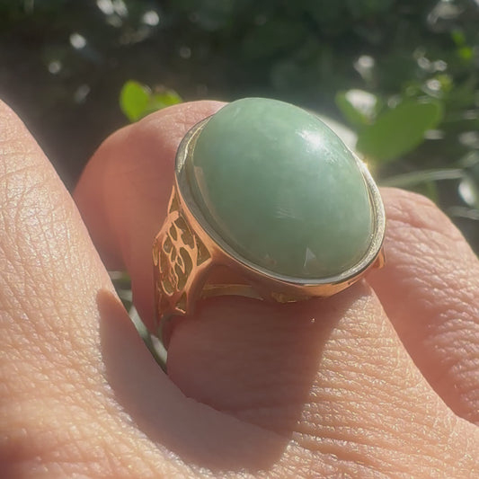 14K gold ring set with Light Green Jade