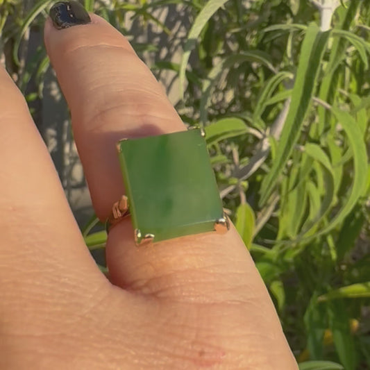 14K gold ring set with square green Jade