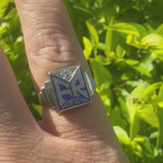 14K gold ring set with one center Diamond & FR Letters