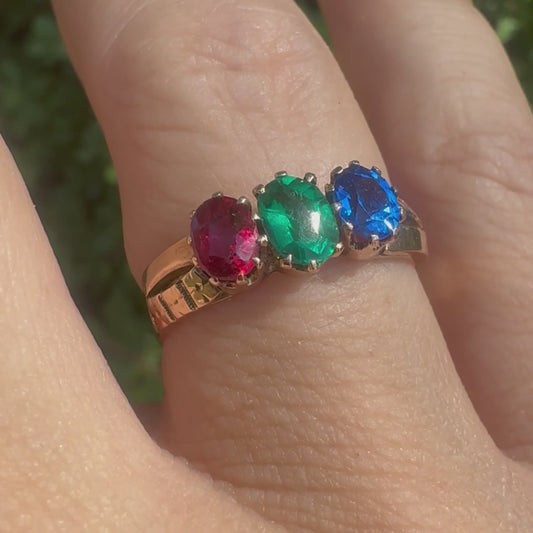 14K gold ring set with Ruby, Emerald & Sapphire