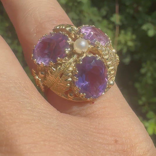 14K gold ring set with Amethyst & Pearl