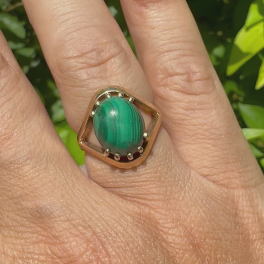 14K gold ring set with Malachite